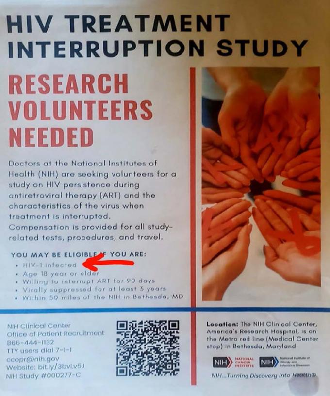 An image of a recruitment flyer asking for volunteers for an HIV cure clinical trial