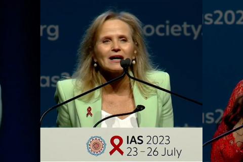 images of three of the speakers at the opening plenary of the IAS 2023 international AIDS conference